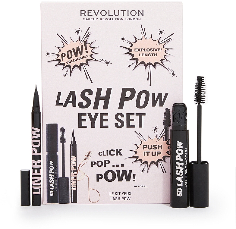 Набор - Makeup Revolution Lash Pow Eye Duo Gift Set (eyelash curler/1pc + mascara/12.2ml + eyeliner/3ml) — фото N1