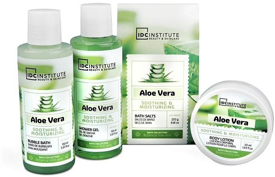 Набор - IDC Institute Aloe Vera Set (sh/gel/150 ml + b/lot/50 ml + bath/salt/250 g + b/foam/150 ml) — фото N2