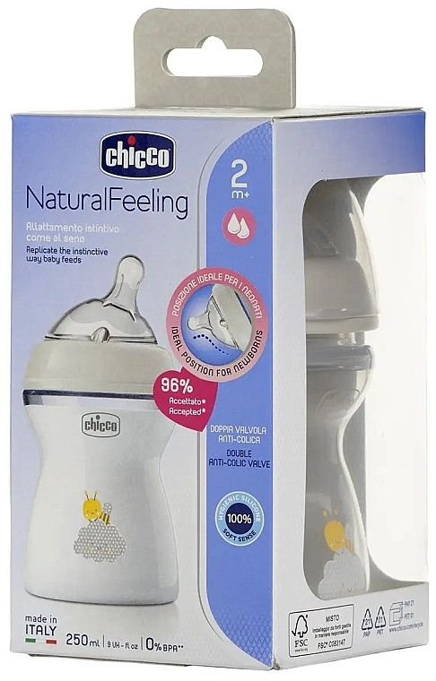 Пляшечка пластикова 250 мл, із силіконовою соскою, від 2 місяців, бджілка - Chicco Natural Feeling — фото N2