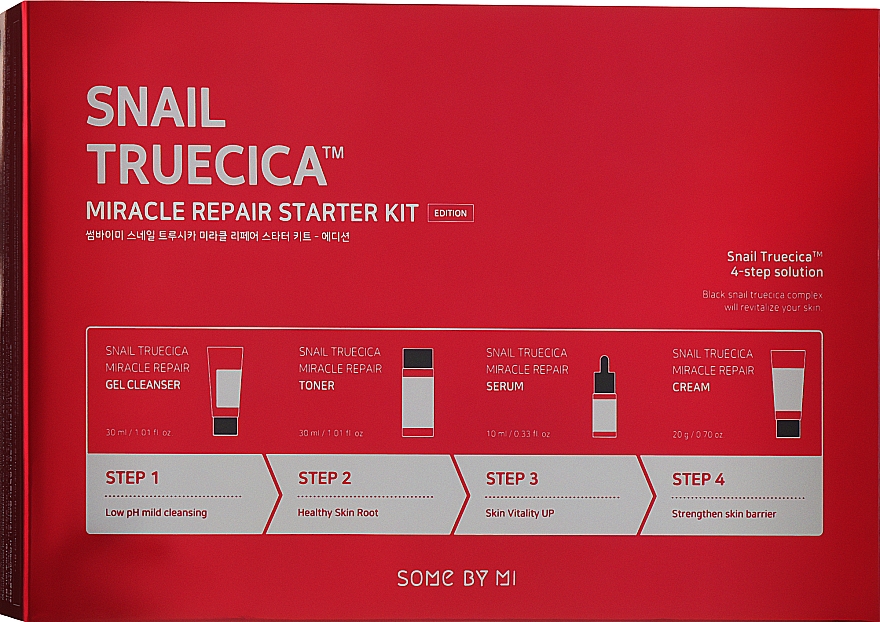 Набор миниатюр восстанавливающих средств с муцином улитки - Some By Mi Snail Truecica Miracle Repair Starter Kit(f/gel/30ml + f/toner/30ml + f/ser/10ml + f/cr/20ml)