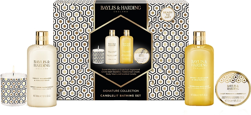 Набір - Baylis & Harding Sweet Mandarin & Grapefruit Gift Wrapped Candletlit Gift Set (b/bubble/300ml + b/wash/300ml + h/cr/50ml + candle/60g) — фото N1