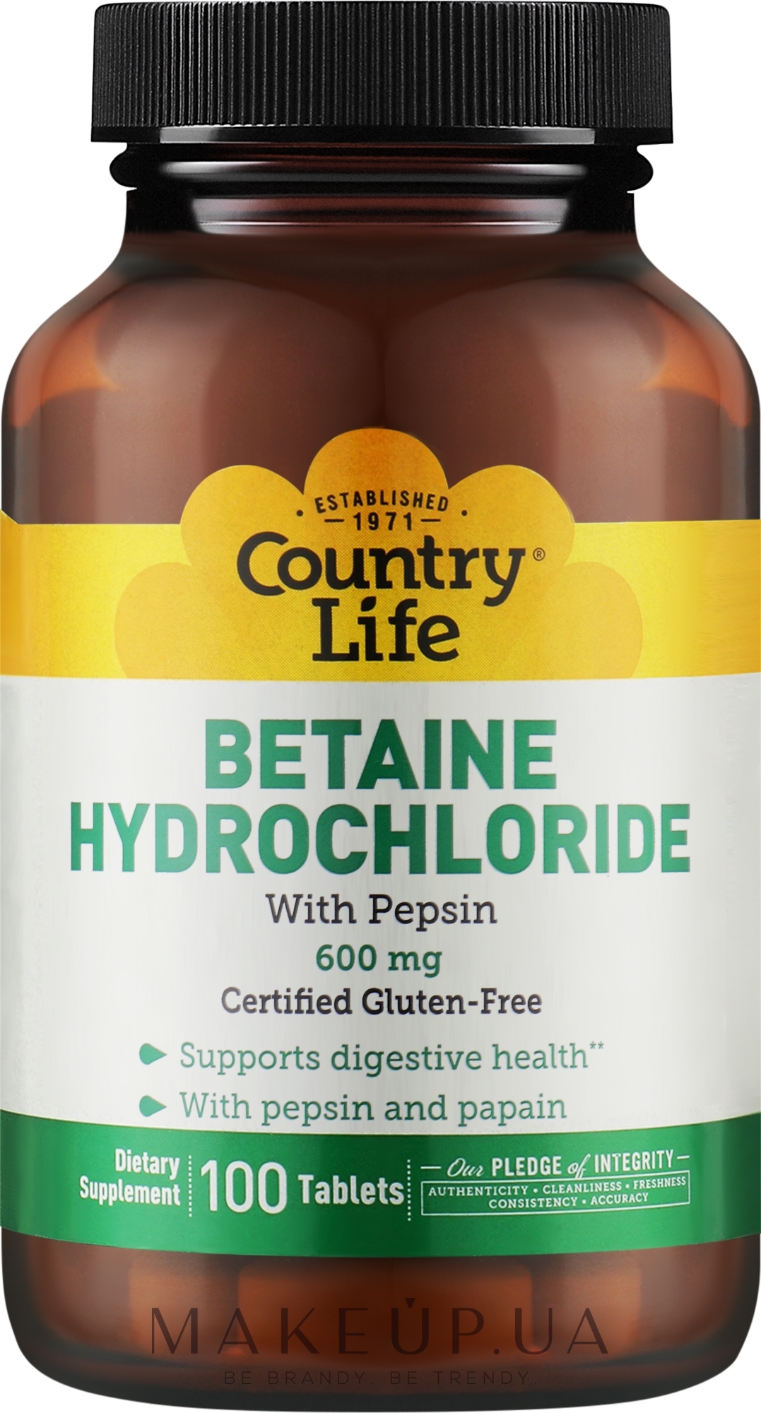 Натуральний комплекс "Бетаїн гідрохлорид з пепсином" - Country Life Betaine Hydrochloride — фото 100шт