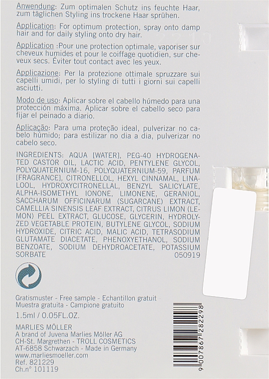 Сонцезахисний стайлінг-спрей з ароматом парфумів - Marlies Moller UV-light & Pollution Protect Hairspray (пробник) — фото N3