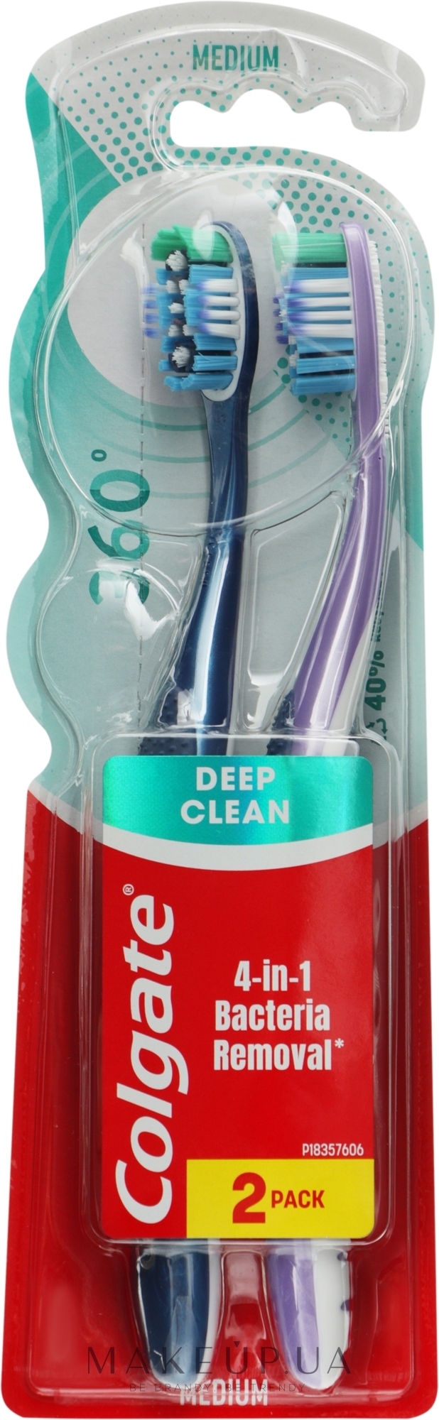 Зубна щітка "Суперчистота всієї ротової порожнини" з очищувачем для язика та щік багатофункціональна 1+1, синя+фіолетова - Colgate 360 — фото 2шт