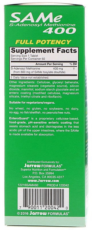 Харчові добавки у таблеткам - Jarrow Formulas SAM-e 400 (S-Adenosyl-L-Methionine) 400 mg — фото N2