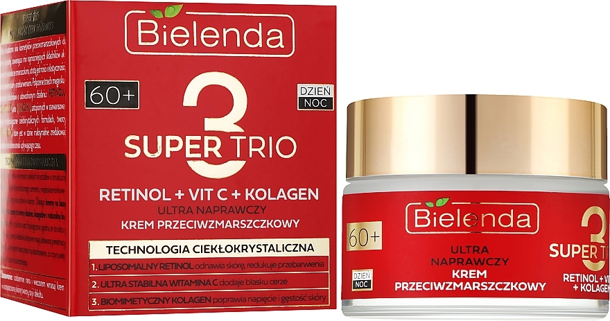 УЦЕНКА Восстанавливающий крем для лица против морщин 60+ - Bielenda Super Trio Retinol + Vit C + Kolagen * — фото N2