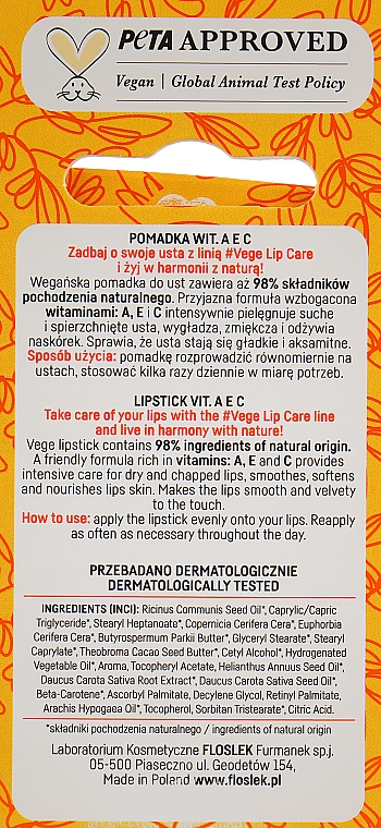 Помада з вітамінами А, Е, С - Floslek Vege Lip Care Lipstick Vit A, E, C — фото N3