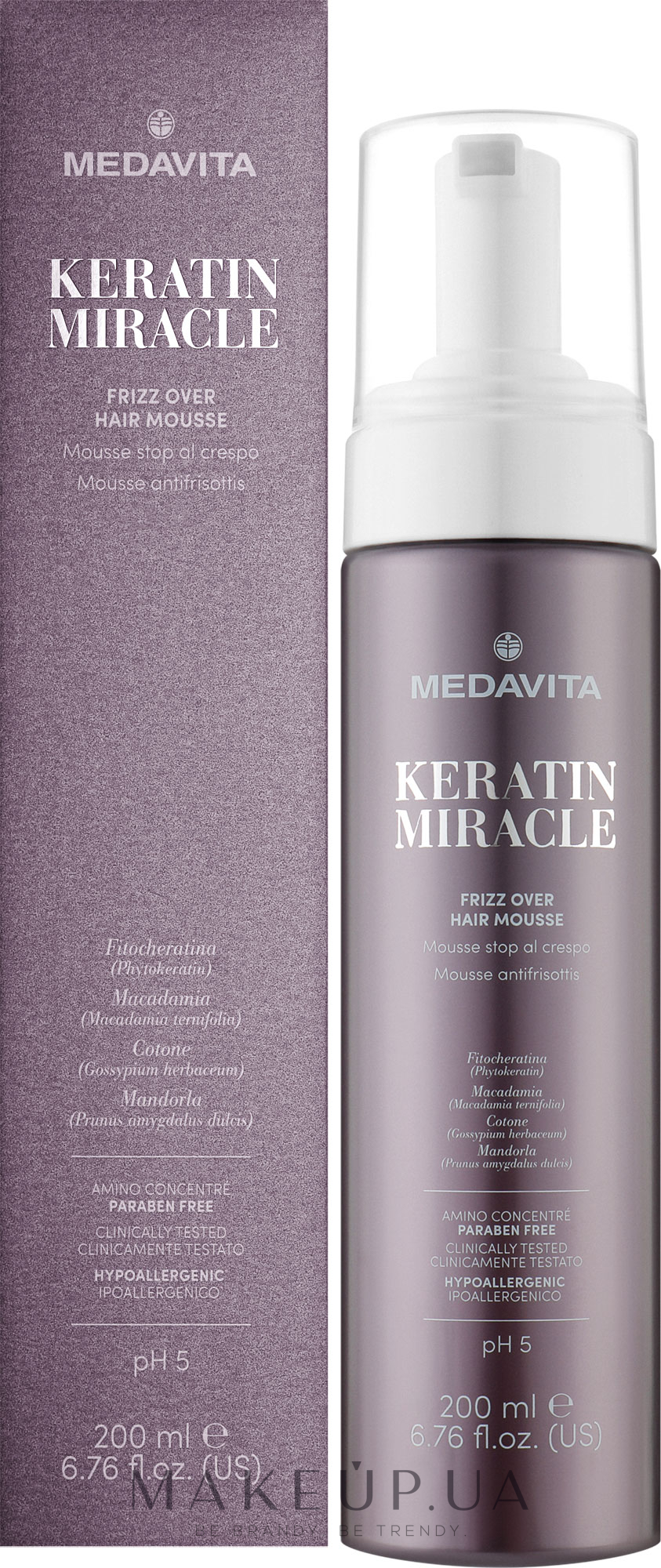 Мус для розгладження та проти пухнастості волосся - Medavita Keratin Miracle Frizz Over Hair Mousse — фото 200ml