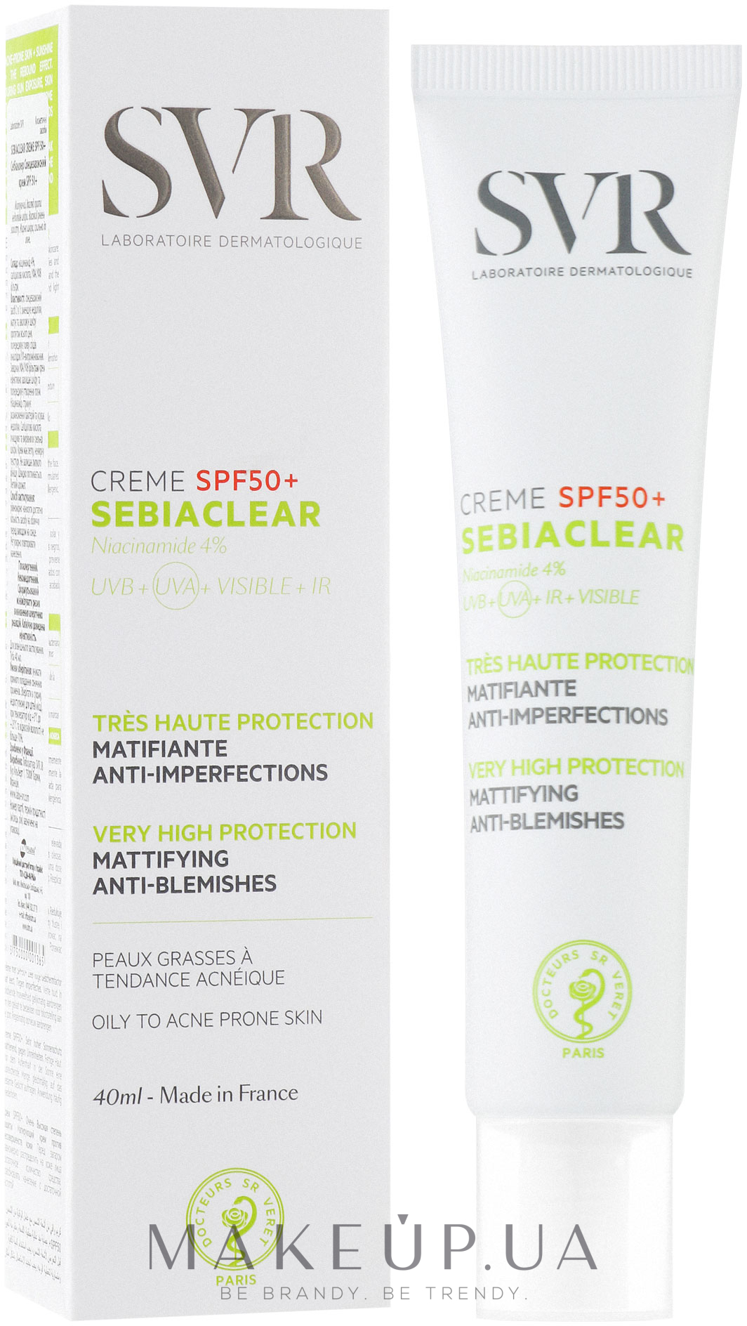 Матирующий солнцезащитный крем для проблемной кожи лица - SVR Sebiaclear Cream SPF50+ Very High Protection — фото 40ml