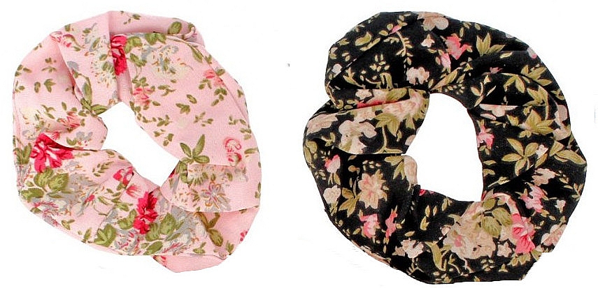 Резинки для волос с цветочным принтом, 23989, черная + розовая - Top Choice  — фото N1