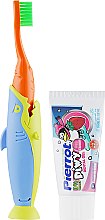 Набор детский "Акула", оранжевый + салатово-синяя акула + голубой чехол - Pierrot Kids Sharky Dental Kit (tbrsh/1шт. + tgel/25ml + press/1шт.) — фото N2