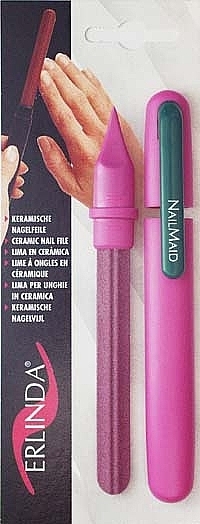 Керамічна пилочка для нігтів у рожевому кейсі, зелена кліпса - Erlinda Solingen NailMaid Ceramic Nail File In Magenta Case With Clip  — фото N1