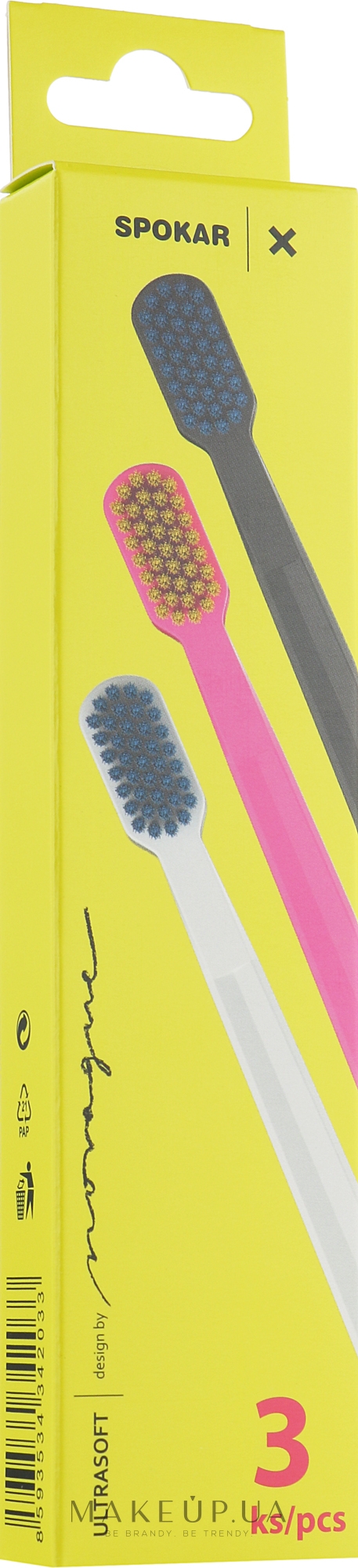 Набір зубних щіток "X", ультрам'які, чорно-блакитна + рожево-жовта + біло-блакитна - Spokar X — фото 3шт