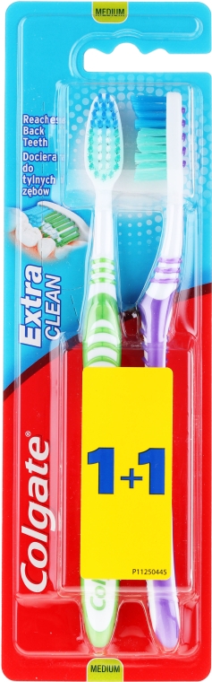 Зубная щетка средней жесткости "Extra Clean", сиреневая + салатовая - Colgate Extra Clean Medium — фото N1