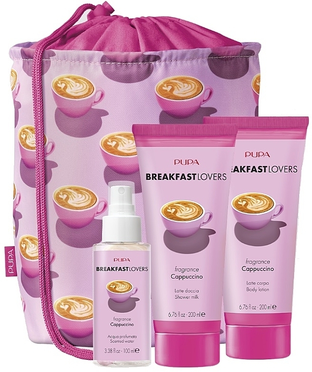 Набір - Pupa Breakfast Lovers Cappuccino (sh/milk/200ml + b/lot/200ml + scent/water/100ml + bag) — фото N1