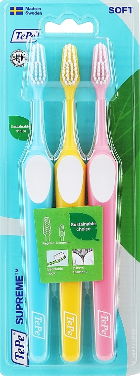 Набор зубных щеток, голубая + желтая + розовая - Tepe Supreme Soft — фото N1