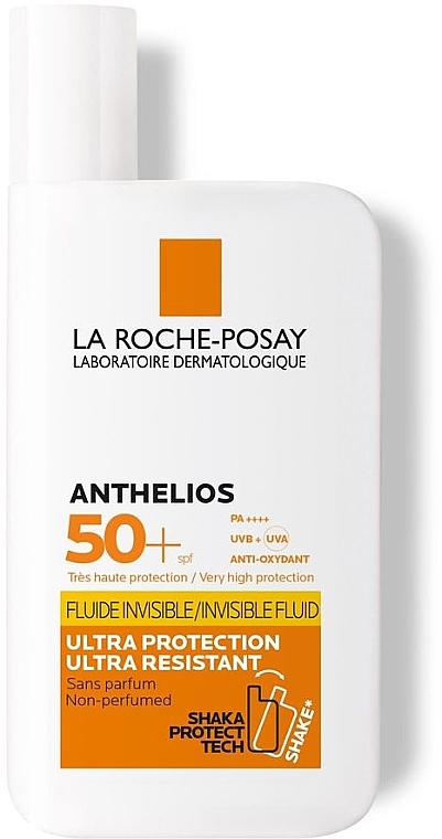 Легкий солнцезащитный флюид, устойчивый к воде и поту, для чувствительной кожи лица, высокий уровень защиты от UVB и очень длинных UVA лучей SPF50+ - La Roche-Posay Anthelios Invisible Fluid