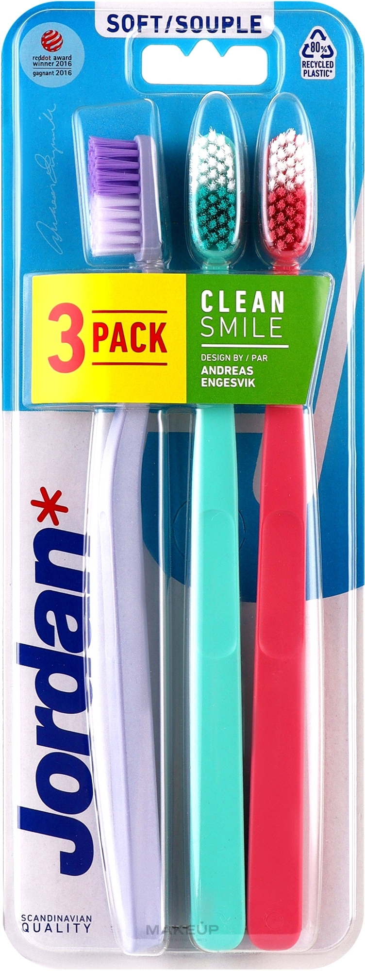 Зубна щітка м'яка, фіолетова + бірюзова + рожева - Jordan Clean Smile Soft — фото 3шт