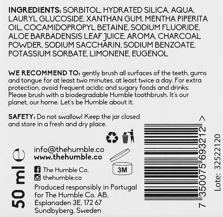 Натуральна зубна паста ремінералізувальна в скляній банці "З активованим вугіллям" - The Humble Co. Сharcoal Toothpaste — фото N3