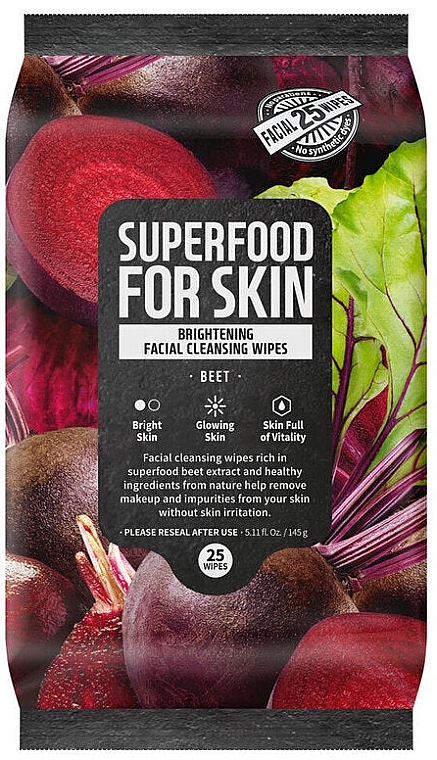 Очищувальні серветки для обличчя "Буряк" - Superfood For Skin Brightening Facial Cleansing Wipes Beet — фото N1