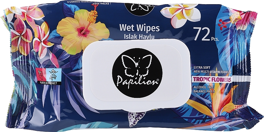 Влажные салфетки с пластиковой крышкой "Тропические цветы", 72 шт - Papilion Wet Wipes Tropic Flowers — фото N1