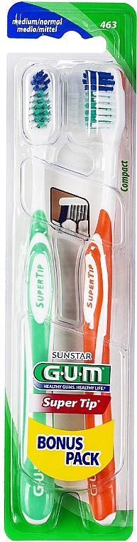 Зубная щетка средней жесткости, красная/зеленая - G.U.M Super Tip Medium Duo Pack Toothbrush  — фото N1