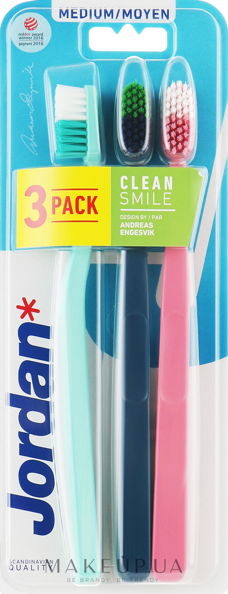 Зубна щітка середня (синя, рожева, бірюзова) - Jordan Clean Smile Medium — фото 3шт