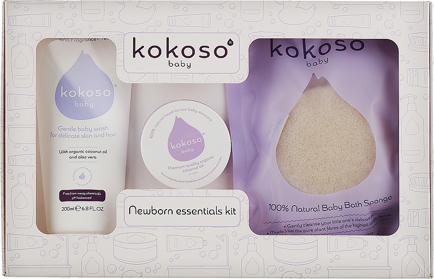 Набір - Kokoso Baby Newborn Essentials Kit (oil/70g + b/wash/200ml + sponge + bag) — фото N1