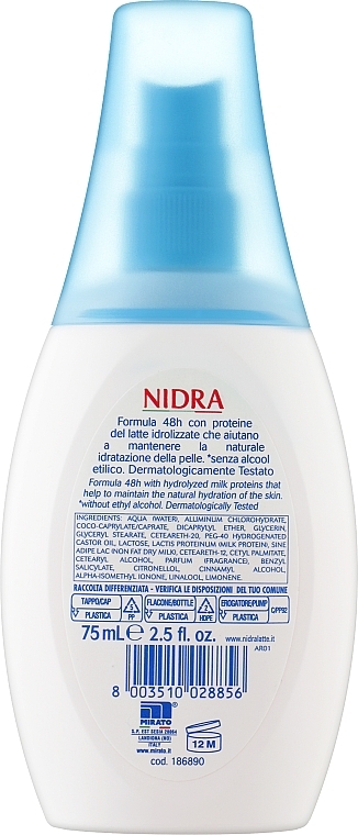 Дезодорант зволожувальний з молочними протеїнами (без газу) - Nidra Deolatte Idratante 48H Vapo No Gas — фото N2