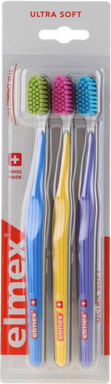 Зубные щетки, ультра мягкие, голубая+желтая+фиолетовая - Elmex Swiss Made — фото N1