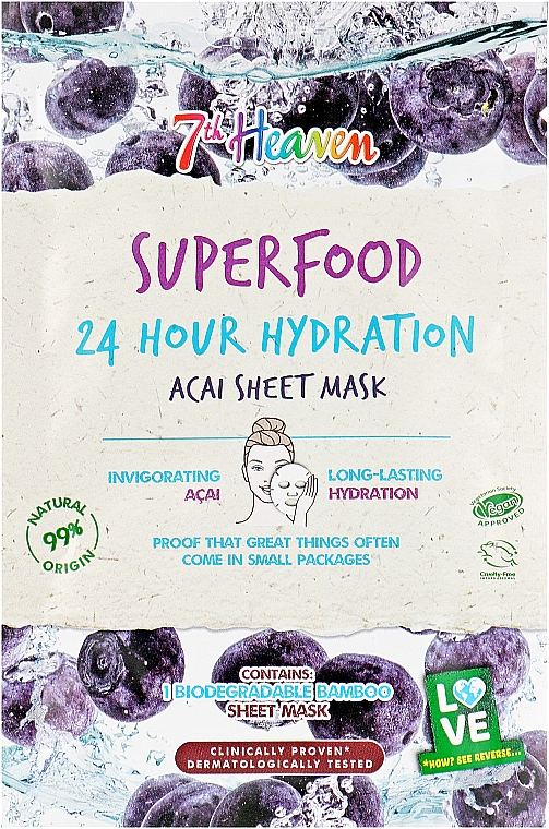 Тканевая маска для лица с ягодами асаи - 7th Heaven Superfood 24H Hydration Acai Sheet Mask