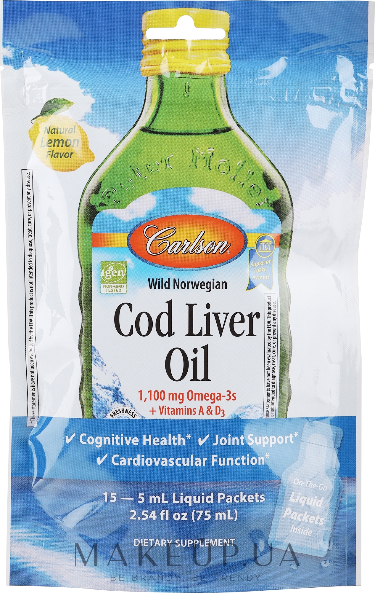 Олія печінки тріски зі смаком лимона, 1100 мг - Carlson Labs Cod Liver Oil Lemon Liquid Packets — фото 15шт