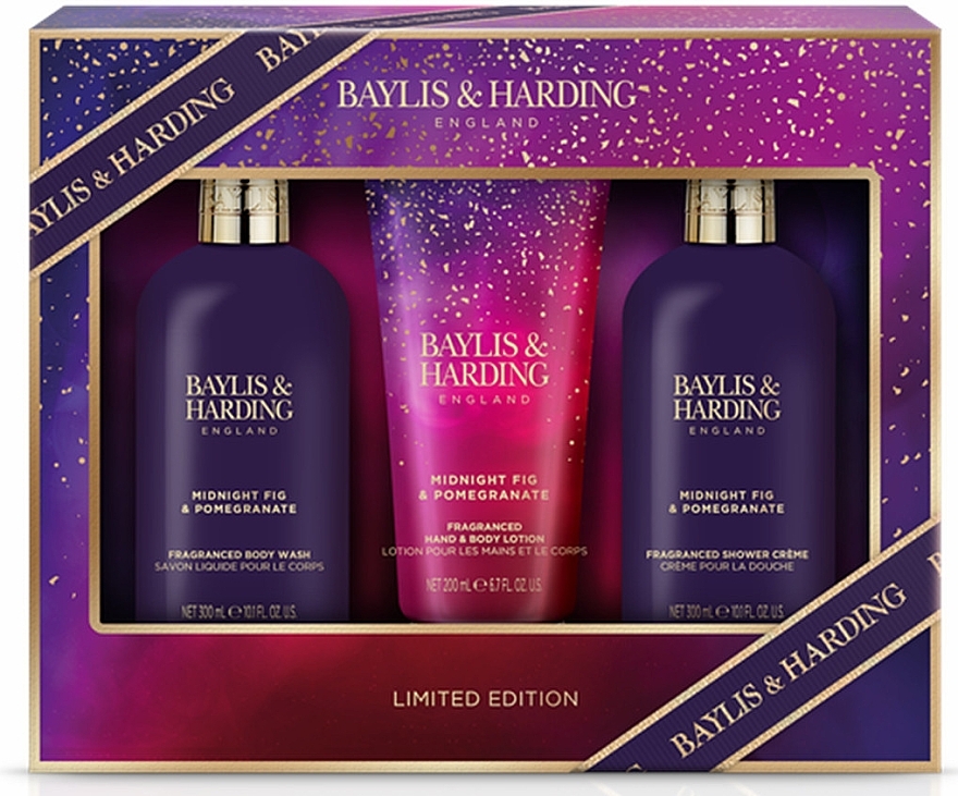 Набор - Baylis & Harding Midnight Fig & Pomegranate Luxury Bathing Essentials Gift Set (sh/gel/300ml + sh/cr/300ml + h/b/lot/200ml) — фото N1