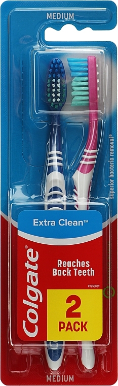 Зубная щетка средней жесткости "Extra Clean", синяя + розовая - Colgate Extra Clean Medium — фото N1