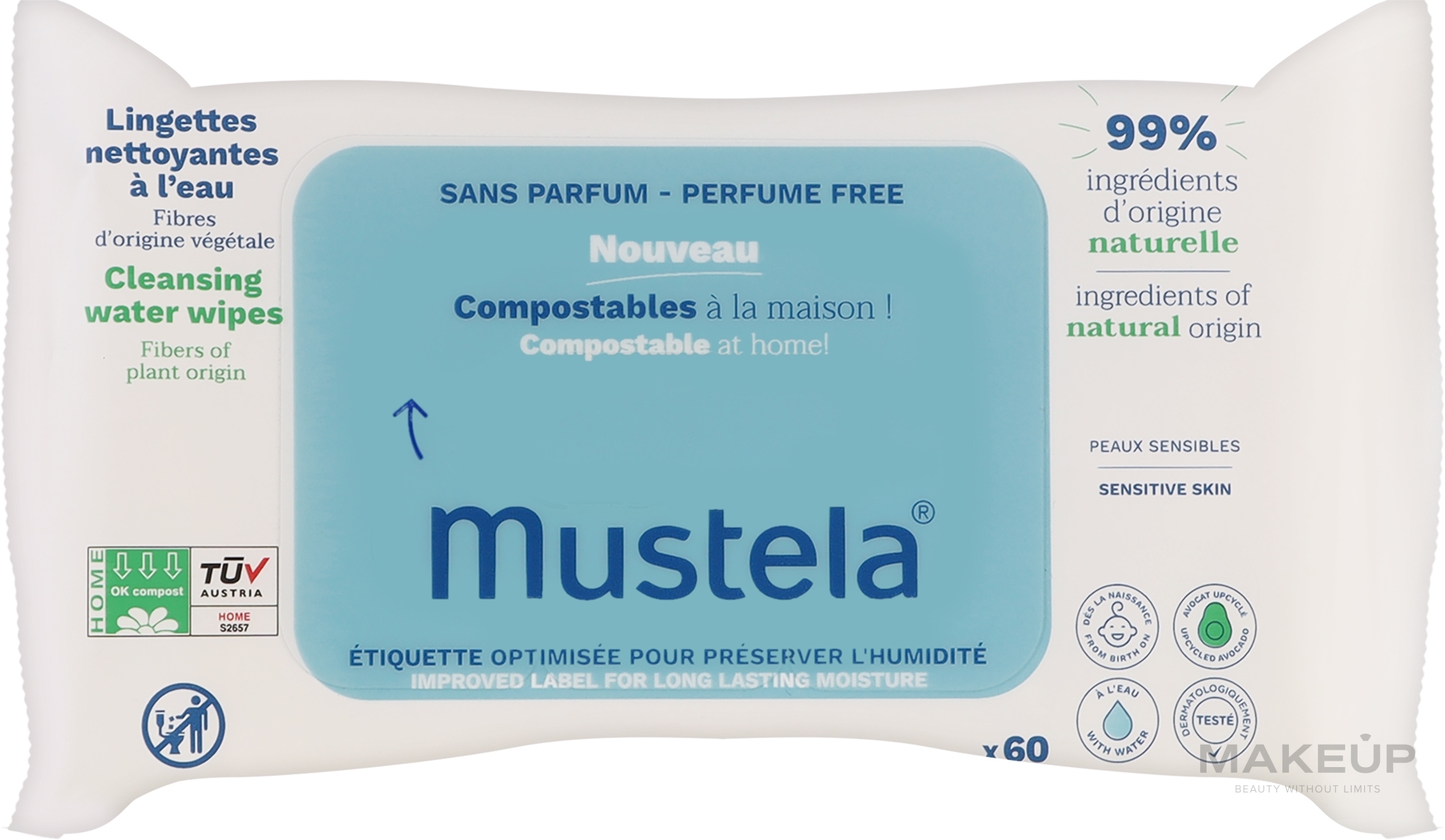 Очищувальні серветки для дітей, без запаху - Mustela Compostable Unscented Cleansing Wipes — фото 60шт