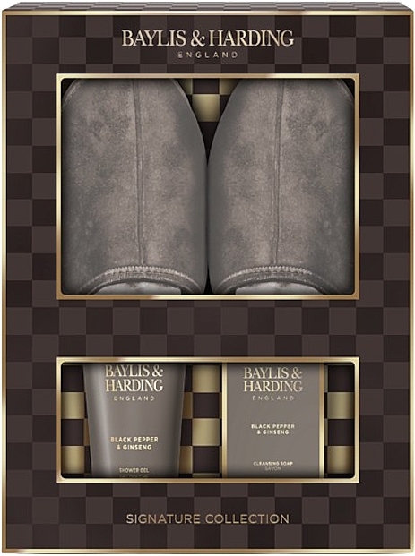 Набір - Baylis & Harding Black Pepper & Ginseng Men's Luxury Slipper Gift Set (sh/gel/140ml + soap/100g + slippers/2pc) — фото N1