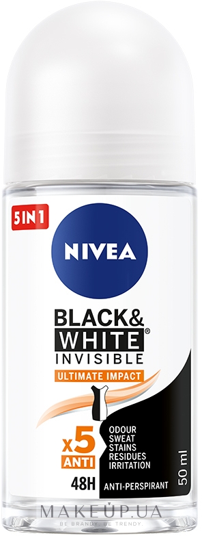 Дезодорант кульковий антиперспірант 5в1 - NIVEA Black & White Invisible Ultimate Impact 5in1 Roll-On — фото 50ml