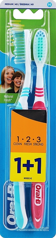 Набор зубных щеток (средняя, голубая + розовая) - Oral-B 1 2 3 Natural Fresh 40 Medium 1 + 1 — фото N1