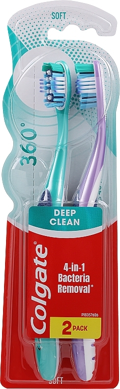 Зубные щетки "Суперчистота", мягкие, фиолетовая и зеленая - Colgate 360 Whole Mouth Clean Soft — фото N2