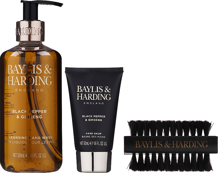 Набір для догляду за руками - Baylis & Harding Black Pepper & Ginseng Signature Collection (h/wash/300ml + h/balm/50ml + n/brush/) — фото N2