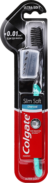 Зубна щітка "Шовкові нитки з деревним вугіллям", чорно-м'ятна з ковпачком - Colgate Charcoal Ultra Soft Toothbrush