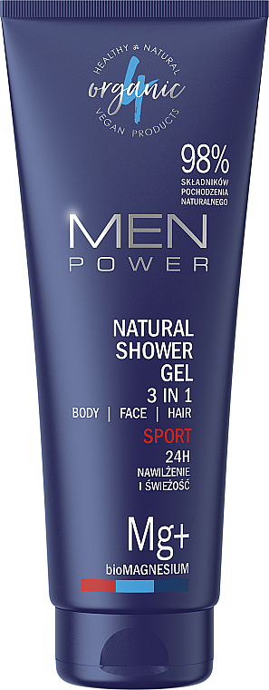 Гель для душу 3 в 1 для чоловіків - 4Organic Men Power Natural Shower Gel 3 In 1 Body & Face & Hair Sport — фото N1