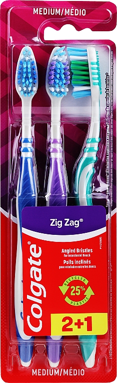 Набір "ЗігЗаг", середньої жорсткості, фіолетова + синя + блакитна - Colgate Medium Toothbrush — фото N1