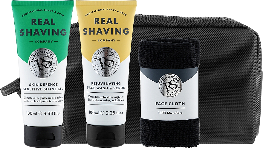 Набор - The Real Shaving Co. Overnight Skin Shave Essentials Gift Set (shave/gel/100ml + face/wash/scrub/100ml + bag + acc) — фото N2
