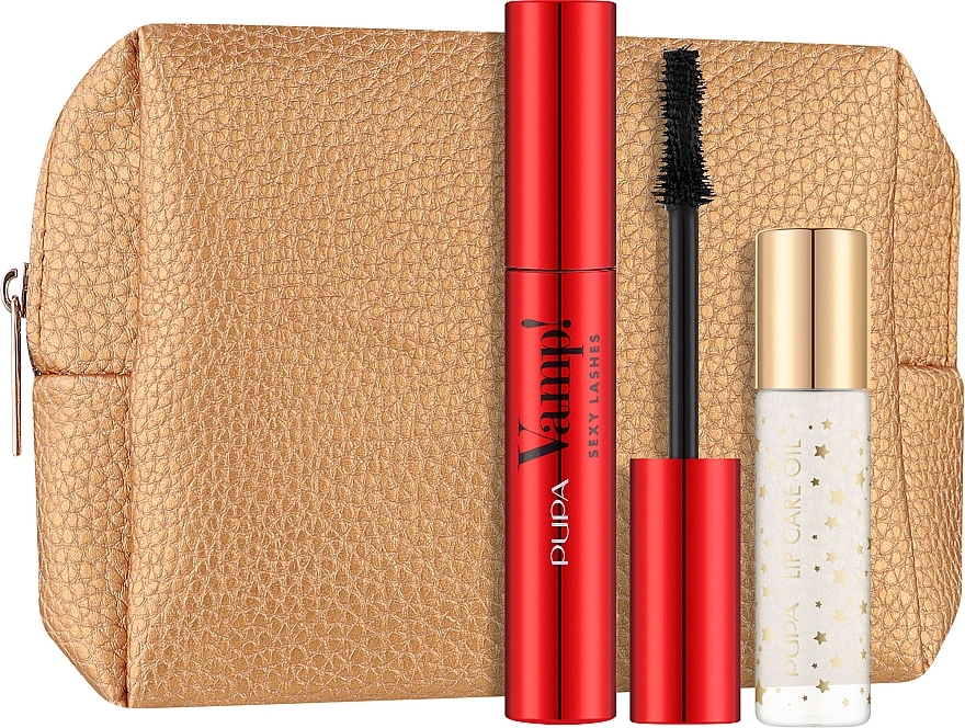 Набір - Pupa Vamp! Sexy Lashes & Lip Care Oil Kit (mascara/12ml + lip/oil/9.5ml + bag/1pcs) — фото N1