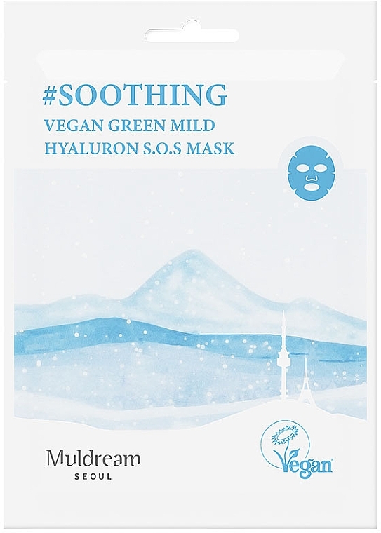 Тканевая маска для сухой и чувствительной кожи, но с жирным блеском в Т-зоне - Muldream Vegan Green Mild Hyaluron S.O.S Mask — фото N1