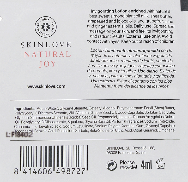 Бадьорливий лосьйон для тіла "Грейпфрут, лайм і імбир" - Skinlove Natural Joy (міні) — фото N2