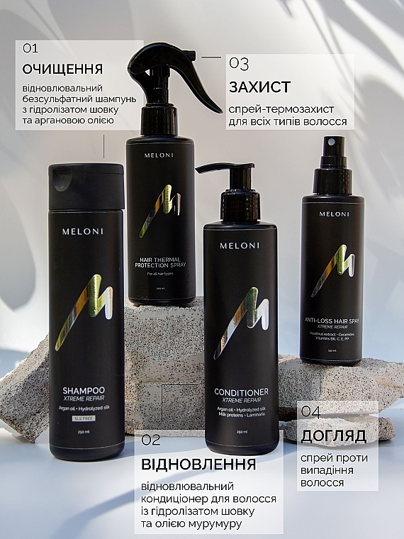 Відновлювальний безсульфатний шампунь із гідролізатом шовку та аргановою олією - Meloni Xtreme Repair Shampoo — фото N4