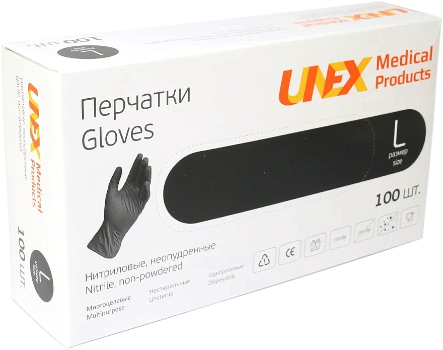 Перчатки нитриловые неопудренные, диагностические, размер L, черные - Unex Medical Products — фото N1
