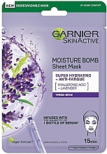 Духи, Парфюмерия, косметика Тканевая маска для лица - Garnier Skin Active Moisture Bomb Super Hydrating + Anti-Fatigue Lavender Acid & Hyaluronic